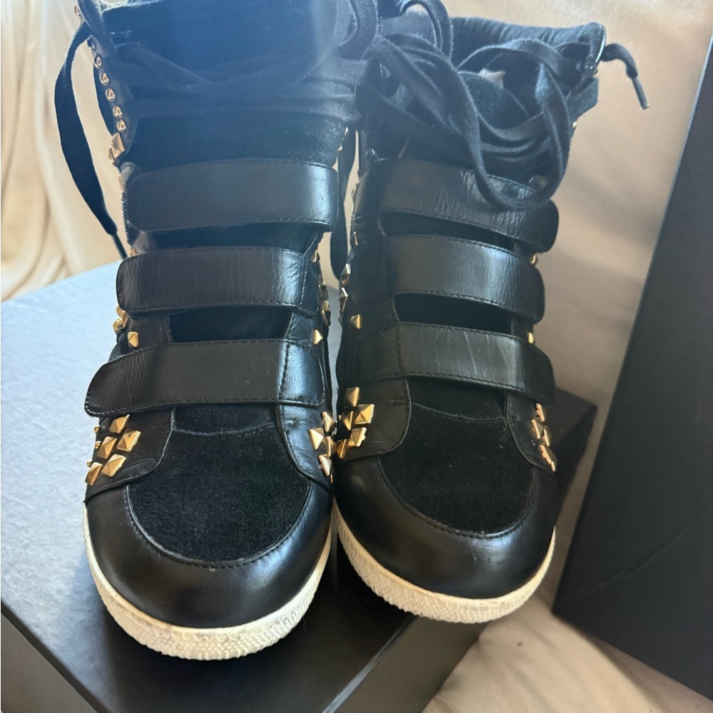 Black and Gold Studded Women's Wedge Sneakers